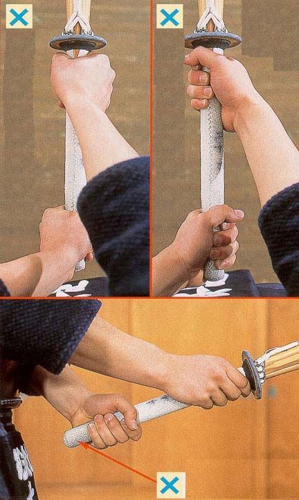 Three examples of incorrect shinai grips, two from above and one from the side. First and second examples show baseball bat grips. Third example shows left hand a few inches up from the end of shinai handle.